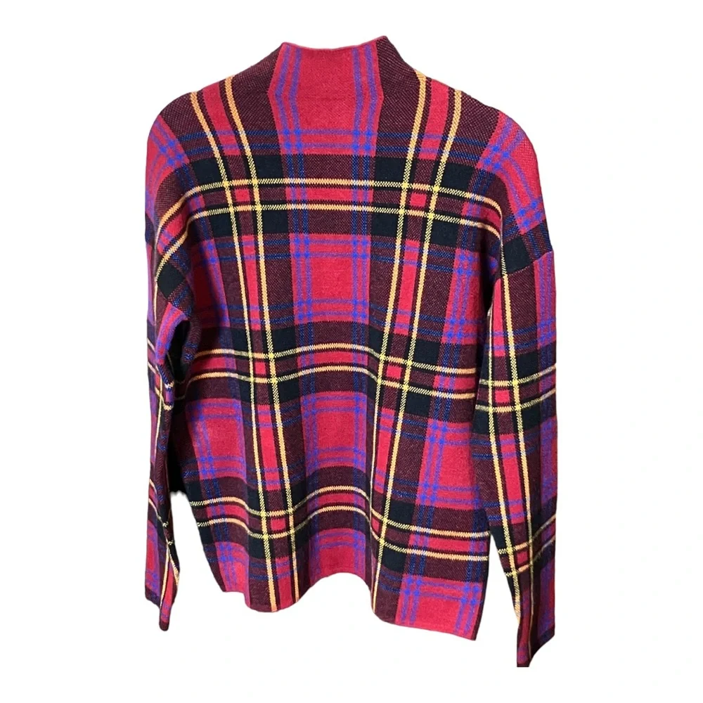Tahari Mock Turtleneck Sweater Plaid Knit Red Blue Gold Brown Size Large - Picture 6 of 6